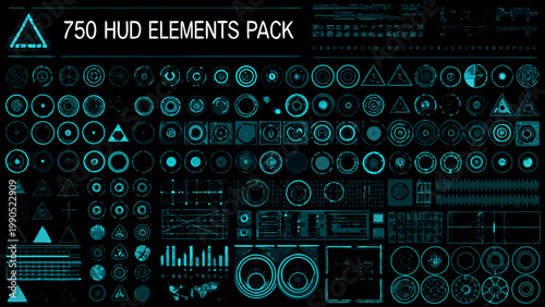 A collection of 750 vibrant blue heads up display elements arranged in a grid pattern