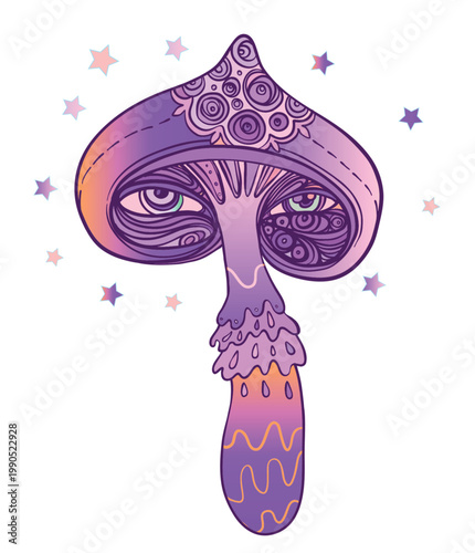 Psychedelic mushroom vector illustration in rave style with vibrant colors and trippy shapes. Surreal design inspired by nightlife, music culture, altered perception, and visual hallucination