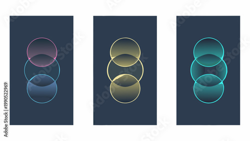 Abstract geometric art featuring three vertically aligned panels with overlapping oval shapes