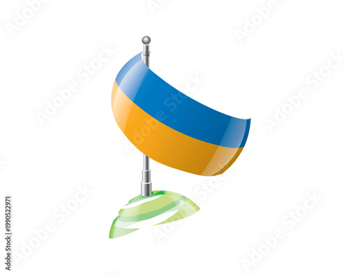 Highly detailed of waving Ukrainian flag with metallic pole and subtle shadow effects for print