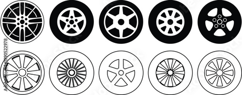 Collection of ten diverse car wheel and tire in black and white alloy wheel