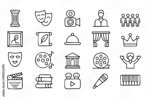 Entertainment Art Icon Set, Theater, Cinema, Music, Culture Symbols
