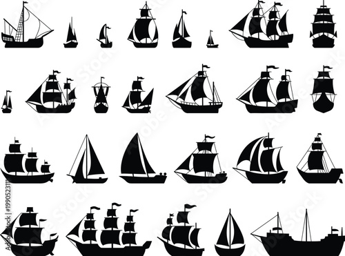 Collection of black silhouette sailing ships and boats on a white background, black and white maritime