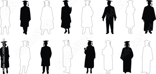 Collection of black silhouette and white outline figures of graduates in caps and gowns graduation student
