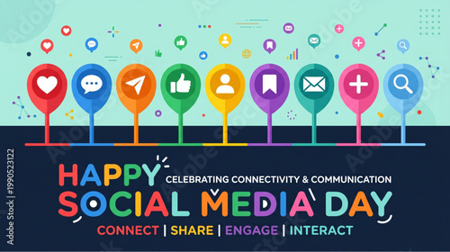 Social media day celebration concept with colorful communication icons network connectivity sharing engagement and interaction design for marketing banner and digital promotion use