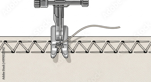 Sewing machine needle creating decorative zigzag stitch on fabric.