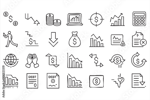 Finance and Economy Line Icons, Money, Business, Analytics, Market Set