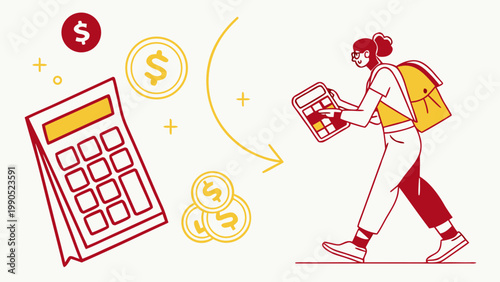 Financial planning and budget calculation with calculator and coins, showing a person walking with a backpack