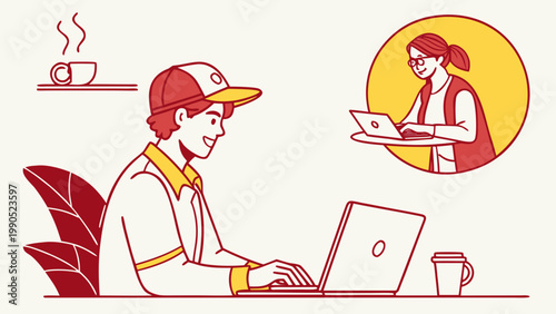 People working remotely and enjoying coffee breaks at home and office