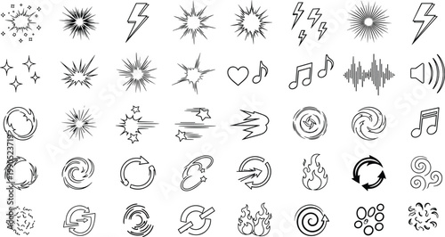 Vector collection of minimalist black and white action icons featuring lightning bolts explosions heart music notes sound waves fire and motion symbols isolated on white