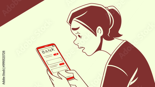 Illustration of a concerned person looking at a mobile phone screen displaying a banking app with login fields