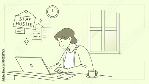 A person working on a laptop at a desk with motivational notes on the wall, embodying the spirit of a side hustle or remote work