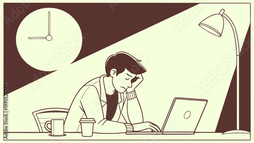 Exhausted young man struggling with work at his desk late at night, illuminated by a desk lamp, clock in the background indicating time
