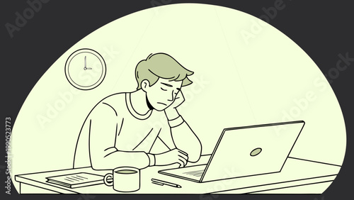 Tired student or employee feeling exhausted and stressed while studying or working late at a desk with a laptop and clock in the background, illustrating burnout and fatigue