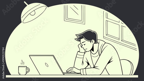 Young man working late on his laptop in a dimly lit room, with a desk lamp casting shadows