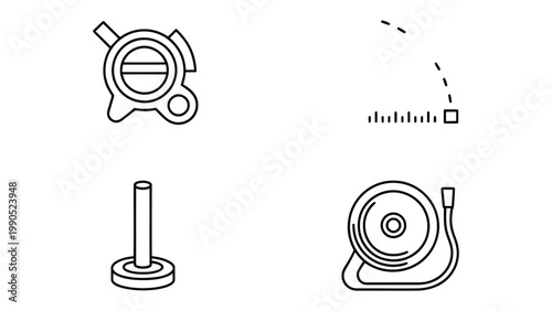 Illustrative Garden Tools: A concise representation of various gardening essentials, including a sprinkler head, measuring tool, post and hose reel, ready for their intended outdoor tasks.
