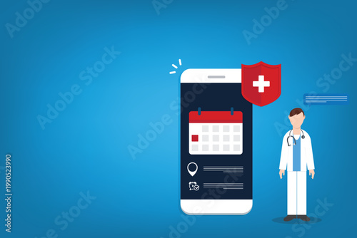 Medical Appointment Mobile App with Doctor and Health Protection Shield Illustration