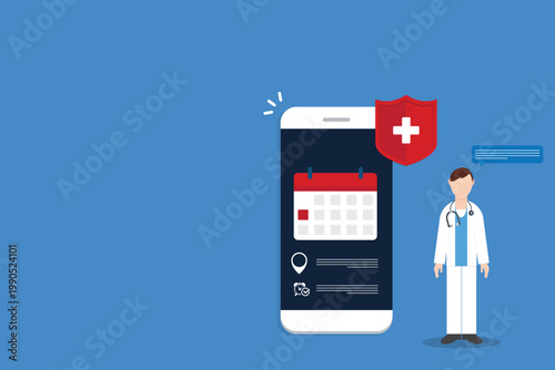 Medical Appointment Mobile App with Doctor and Health Protection Shield Illustration