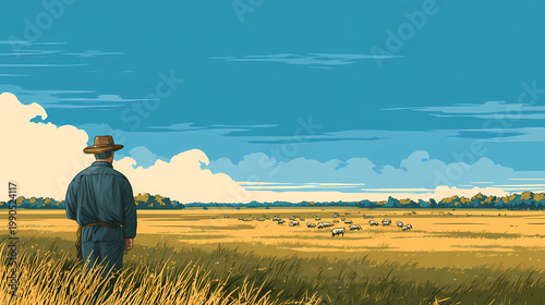 Solitary shepherd figure in a vast pasture, with herd animals scattered far in the distance across the horizon