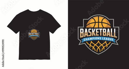 Basketball champions league logo with basketball and net on black t-shirt.
