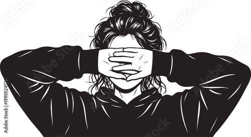 Woman covering her eyes with her hands black and white covering obscured uncertainty pondering concealment