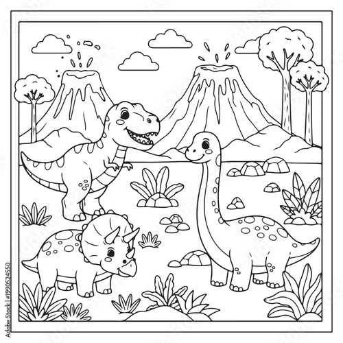 A playful scene of dinosaurs near volcanoes and lush prehistoric vegetation