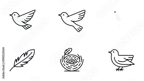 Symbolic Avian Trio: A collection of minimalist illustrations featuring a soaring bird, feather and nest. A perfect emblem of freedom, peace and new beginnings.