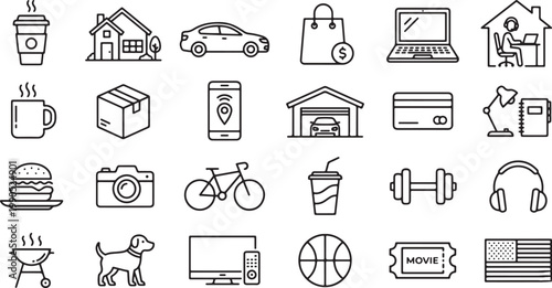 Everyday Lifestyle Icon Set with Home, Shopping, Food, Fitness, Travel, Entertainment, Work and Daily Activities Outline Vector Collection