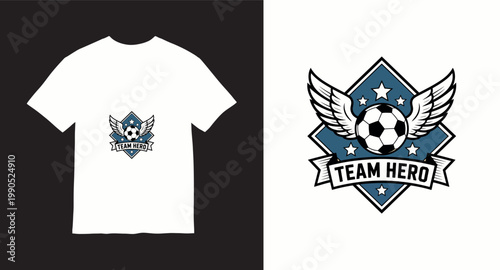 Team hero logo emblem with wings and soccer ball, sports graphic design.