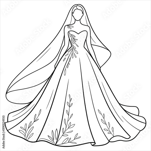 Line of a bride in a floral wedding dress and veil