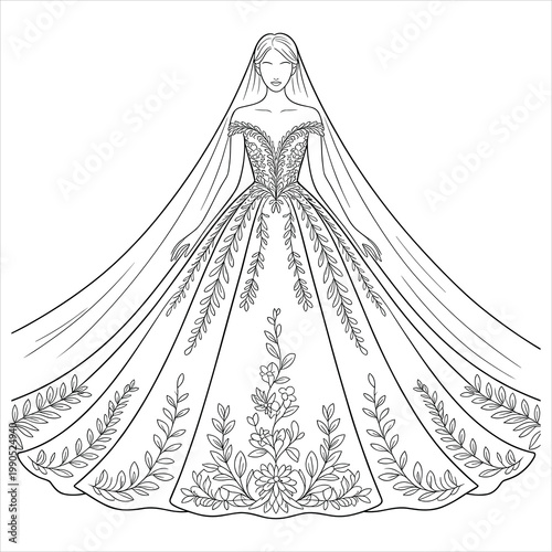 Line of a bride in a floral embroidered wedding dress and veil