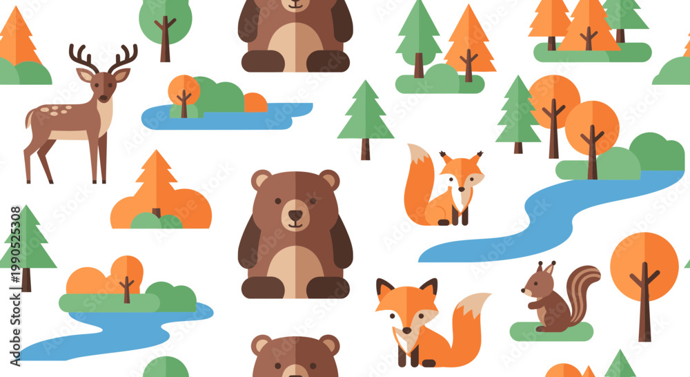 Obraz premium Seamless Forest Animal Pattern Vector Illustration Featuring Cute Woodland Creatures Like Bears Deer Foxes and Squirrels in a Flat Graphic Style for Kids Textile Design