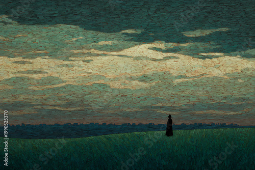 Solitary shepherd figure in a vast pasture, with herd animals scattered far in the distance across the horizon