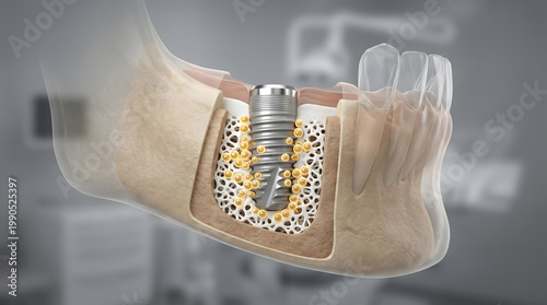 3D dental implant jawbone cross section gold particle osseointegration biology science medical