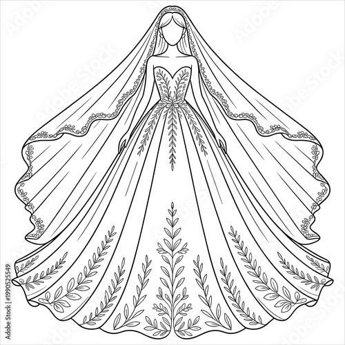 Line of a bride in a leaf-patterned wedding dress and veil