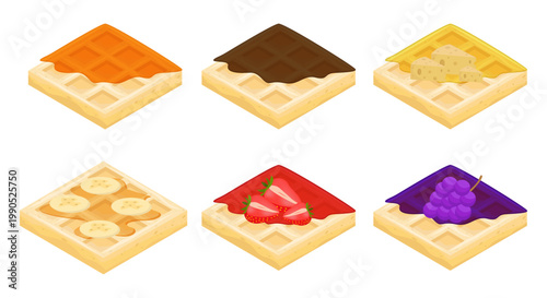 Isometric Illustration Set of Belgian Waffles with Various Toppings Including Caramel, Chocolate, Cheese, Banana, Strawberry and Grape on White Background