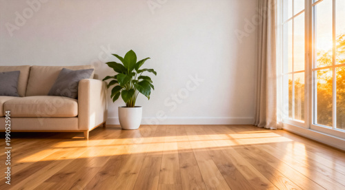Sunlit Living Room with Wooden Floors and Plants