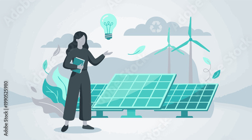 Woman presenting renewable energy solutions with solar panels and wind turbines