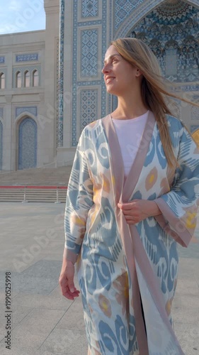 Woman in Uzbek robe at Center of Islamic Civilization Tashkent
