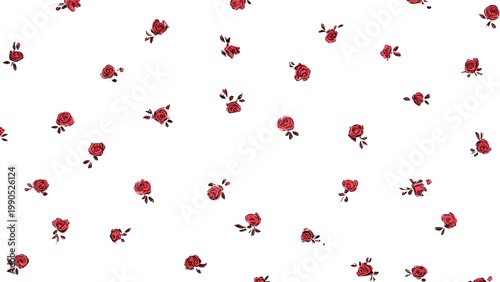 Seamless repeat of small red roses scattered across a white background