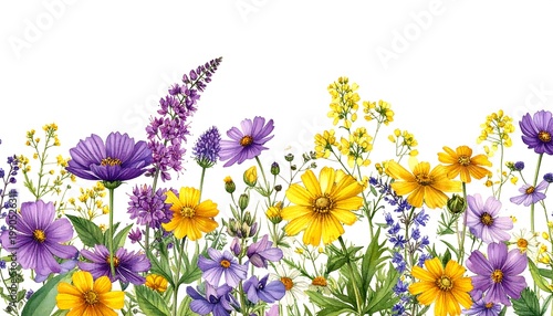 A vibrant arrangement of colorful wildflowers on a white background