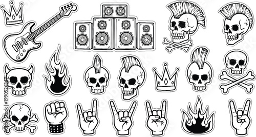 Set of black and white rock and roll symbols skulls guitar and flames.
