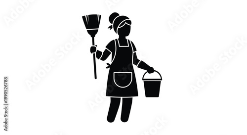 A black silhouette of a maid with cleaning tools on transparent background