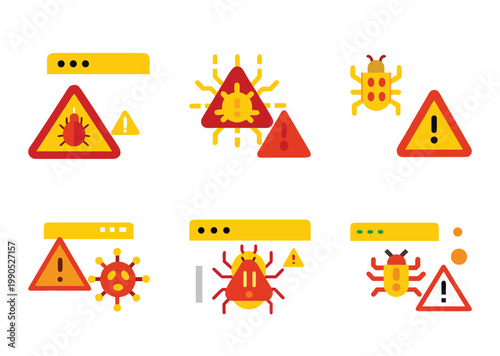 Computer virus alerts and cybersecurity warning signs of internet threats icons