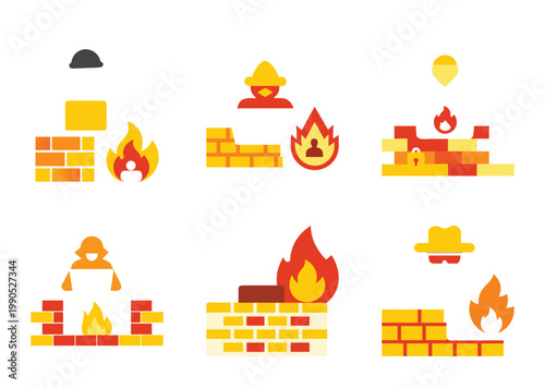 Six variations of firewall breach diagrams with brick walls and flames