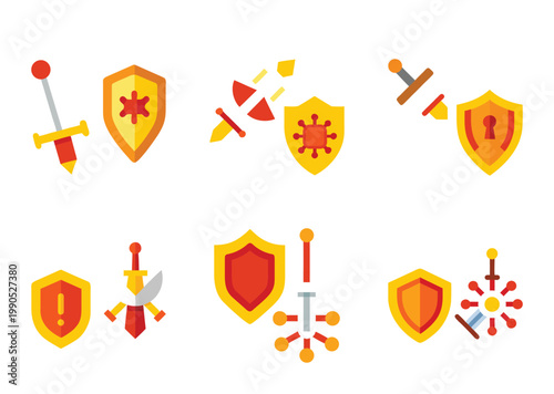 Various abstract shields and swords with virus or caution themes, flat style