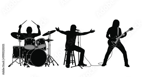 Silhouette vector illustration of a rock band playing music instruments live on white background