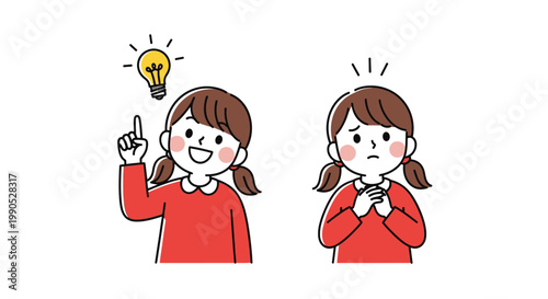 Cartoon girl expressing inspiration and worry in this flat vector graphic on white background