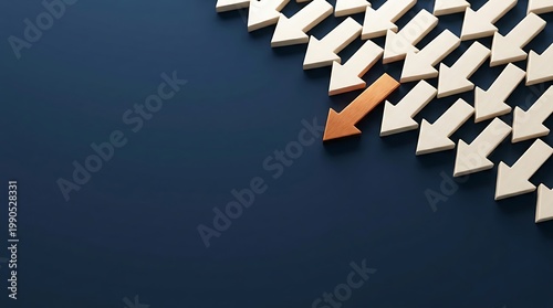 Kumpulan Panah Kayu Berwarna Putih dan Coklat Mengarah ke Satu Arah untuk Konsep Keputusan dan Pilihan Terbaik