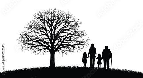 Silhouette of a family standing under a large tree as a black vector on white background